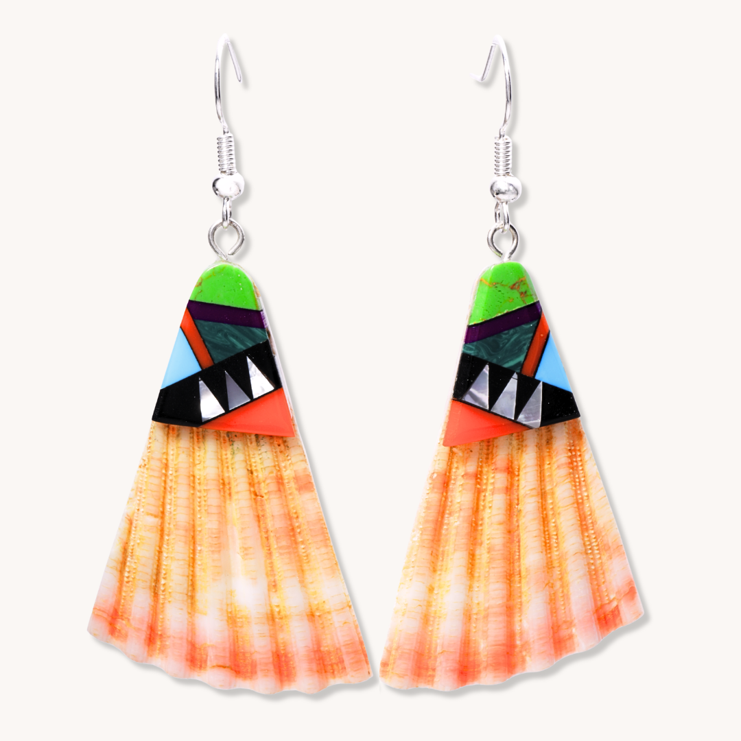 Shell Dangle Earrings with Multi-Stone Inlays