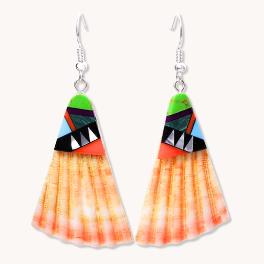 Shell Dangle Earrings with Multi-Stone Inlays