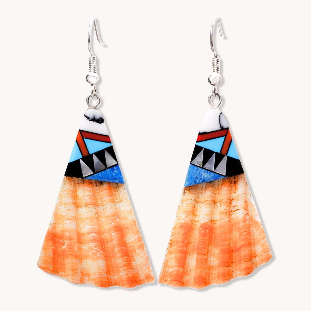 Shell Dangle Earrings with Multi-Stone Inlays