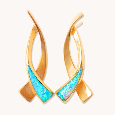 Gold Drop Earrings with Opal Inlay — hand-stamped sterling silver
