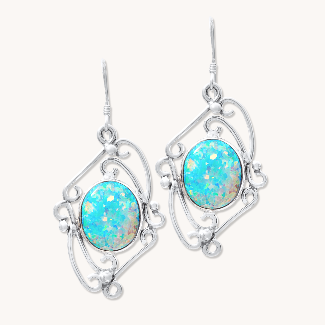 Opal Dangle Earrings with Filigree Border
