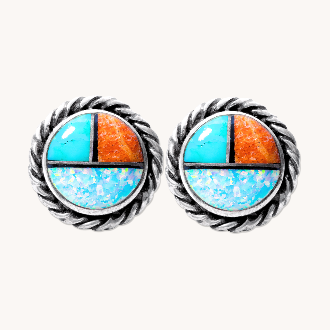 Opal, Turquoise, & Spiny Oyster Sunface-Style Stud Earrings