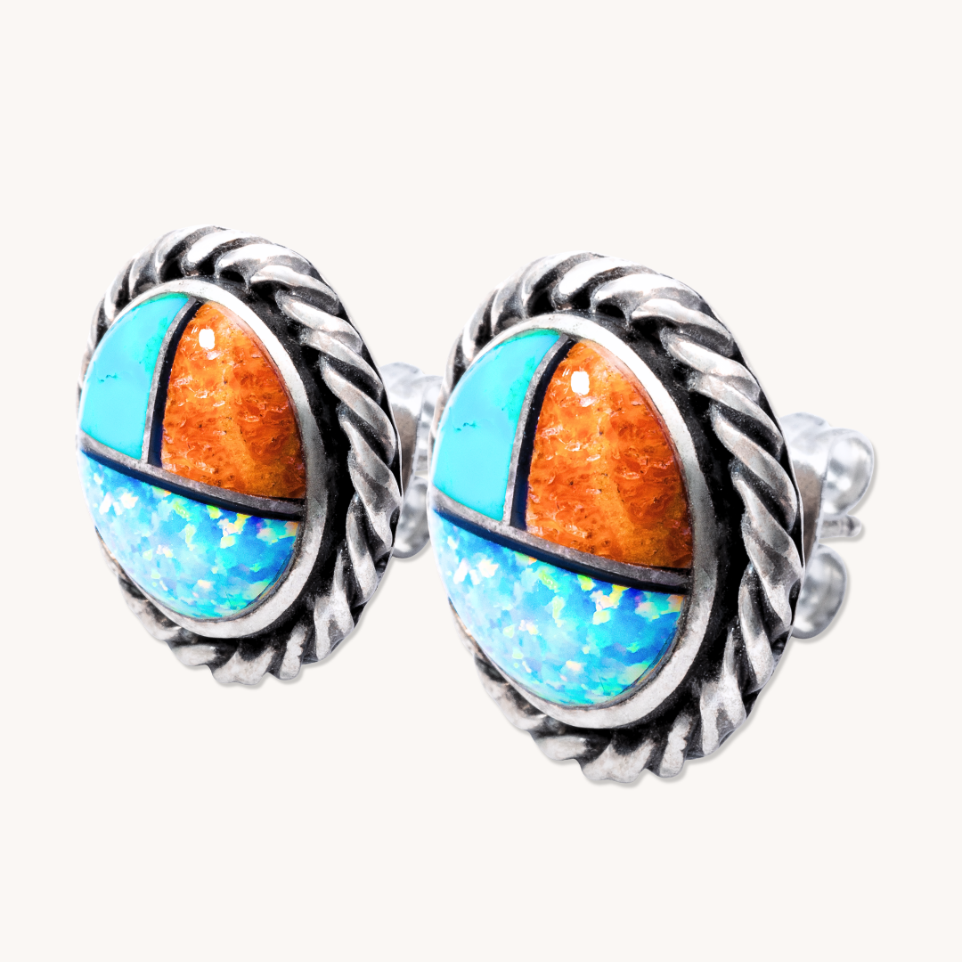 Opal, Turquoise, & Spiny Oyster Sunface-Style Stud Earrings
