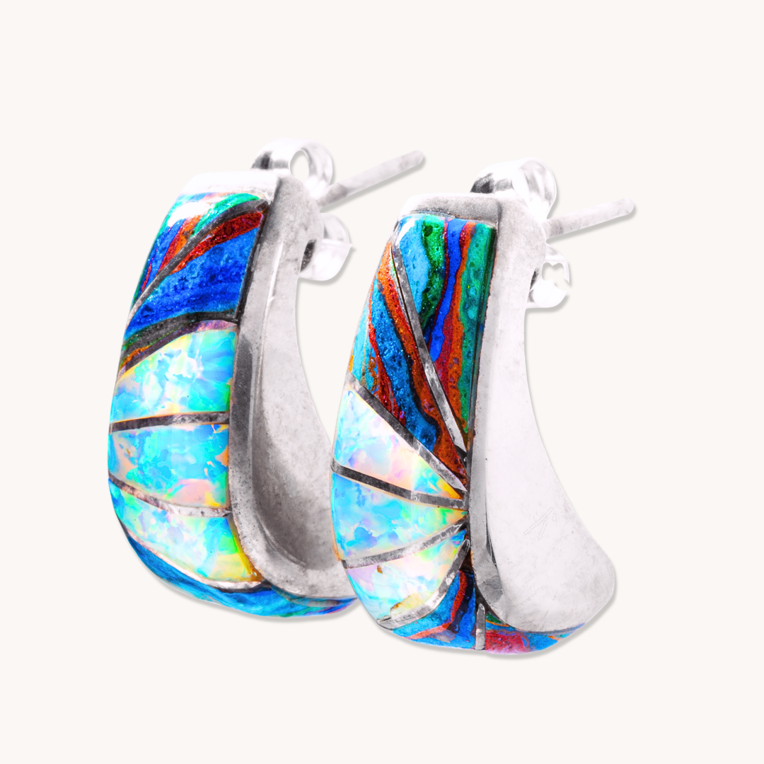 Composite Stone & Opal Half-Hoop Earrings