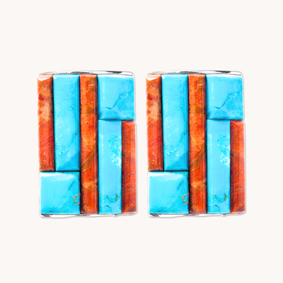 Turquoise & Coral Inlay Earrings — hand-stamped sterling silver
