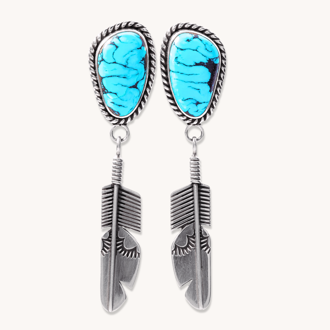 Turquoise Post Earrings with Hand-Stamped Feather Drops