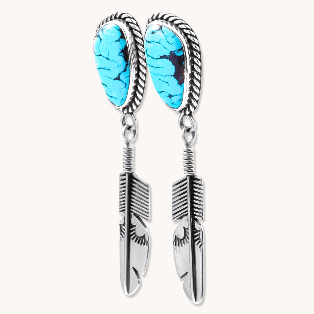 Turquoise Post Earrings with Hand-Stamped Feather Drops