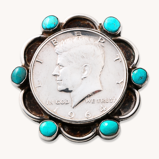 Silver Dollar Brooch with Turquoise Accents