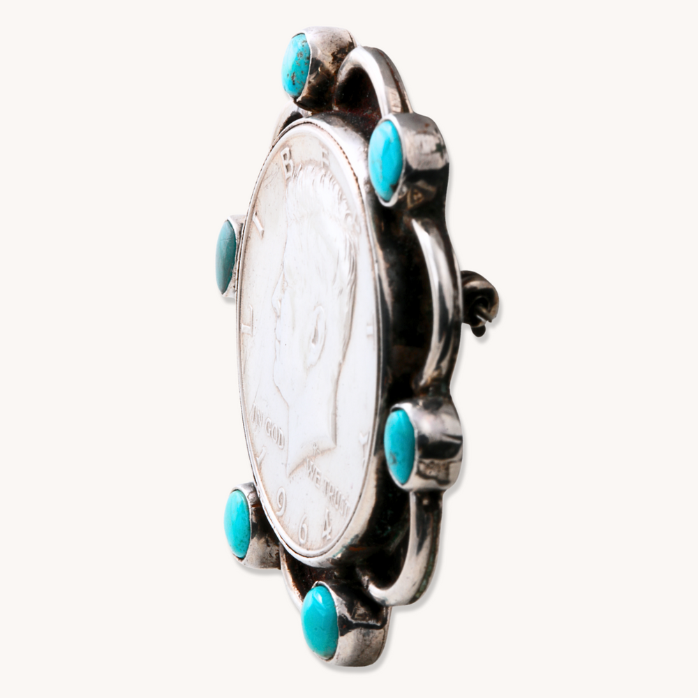 Silver Dollar Brooch with Turquoise Accents