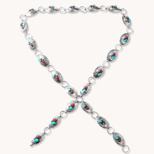 Turquoise & Coral Concho Belt with Applique Accents