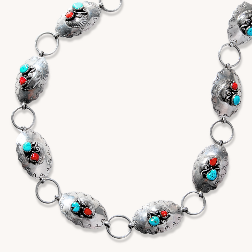 Turquoise & Coral Concho Belt with Applique Accents