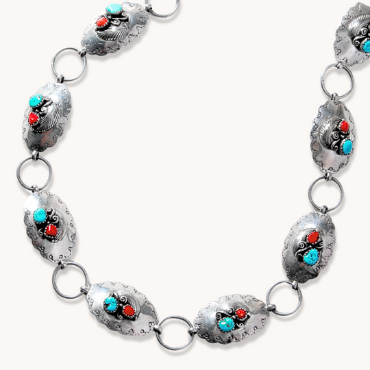 Turquoise & Coral Concho Belt with Applique Accents