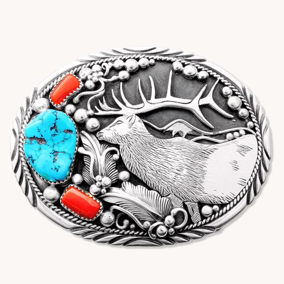 Elk Overlay Belt Buckle with Turquoise & Coral