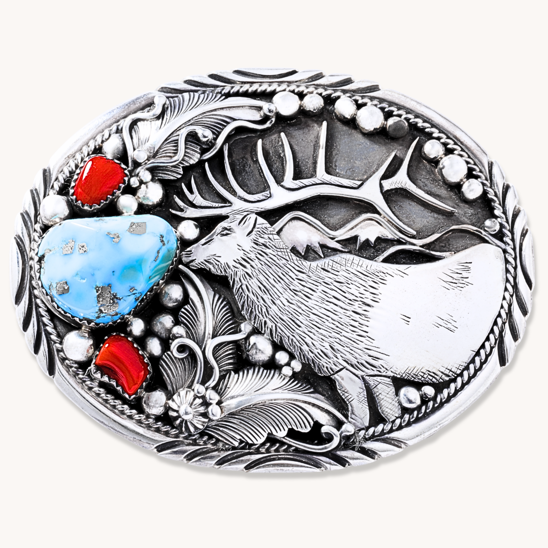 Elk Overlay Belt Buckle with Turquoise & Coral