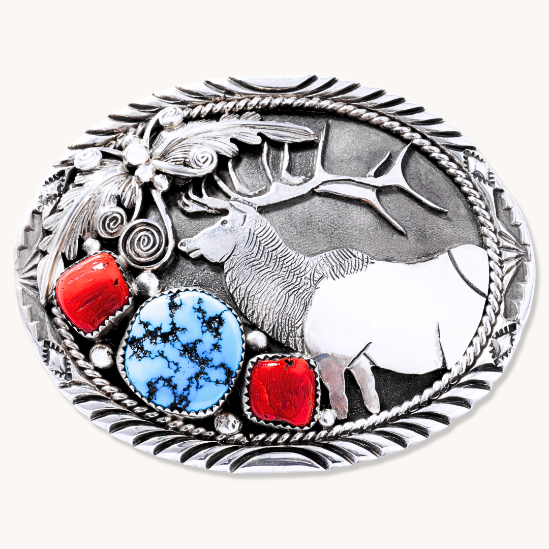 Elk Belt Buckle with Turquoise and Coral