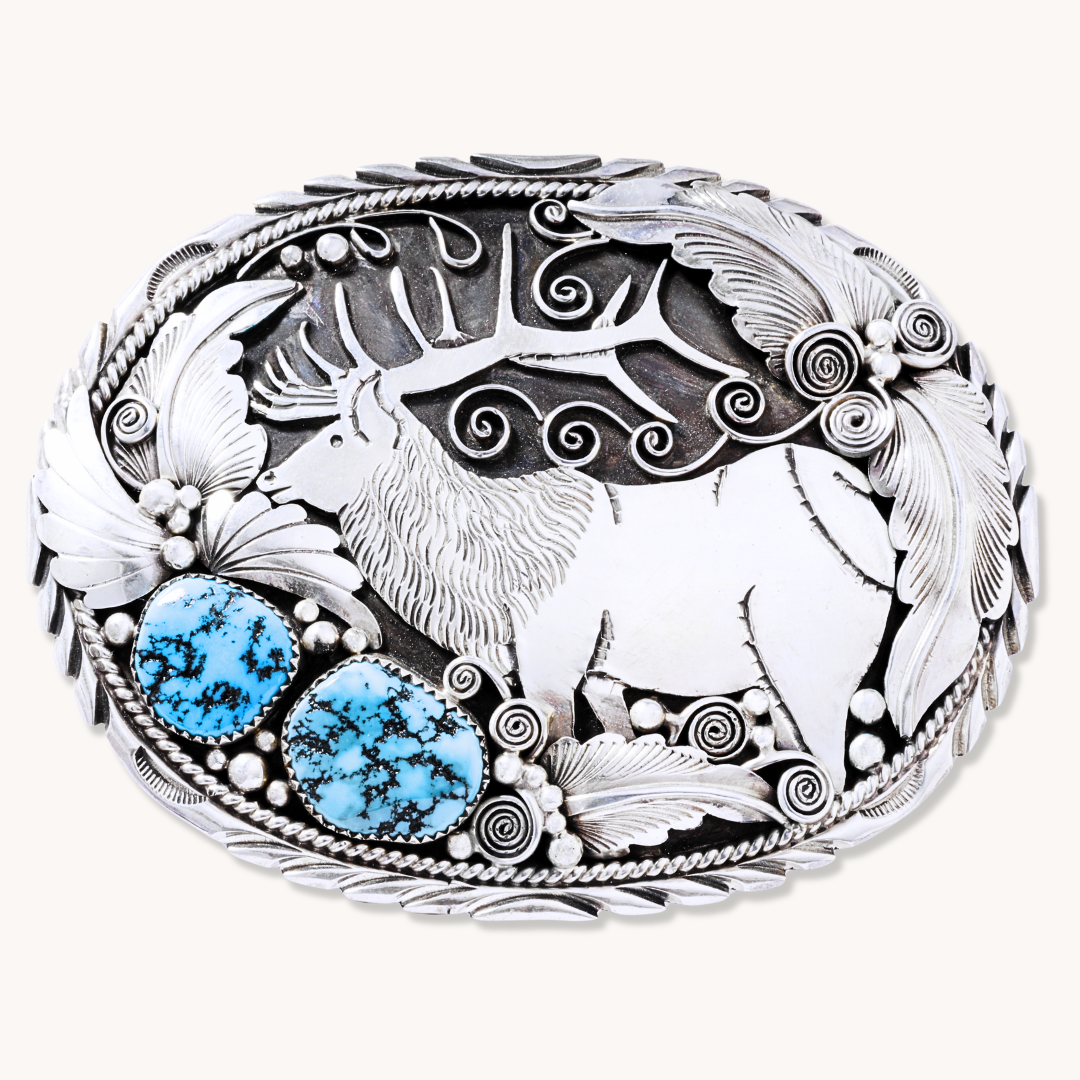 Elk Overlay Belt Buckle with Turquoise