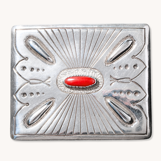 Hand-Stamped Belt Buckle with Coral Accent Stone