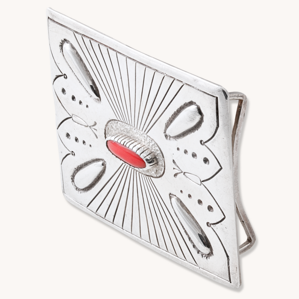 Hand-Stamped Belt Buckle with Coral Accent Stone