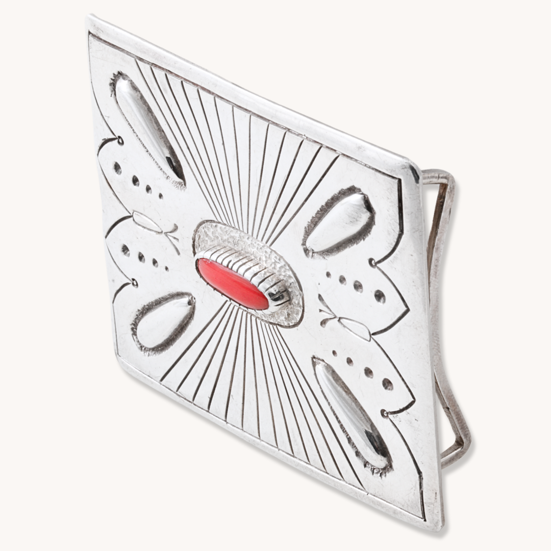 Hand-Stamped Belt Buckle with Coral Accent Stone