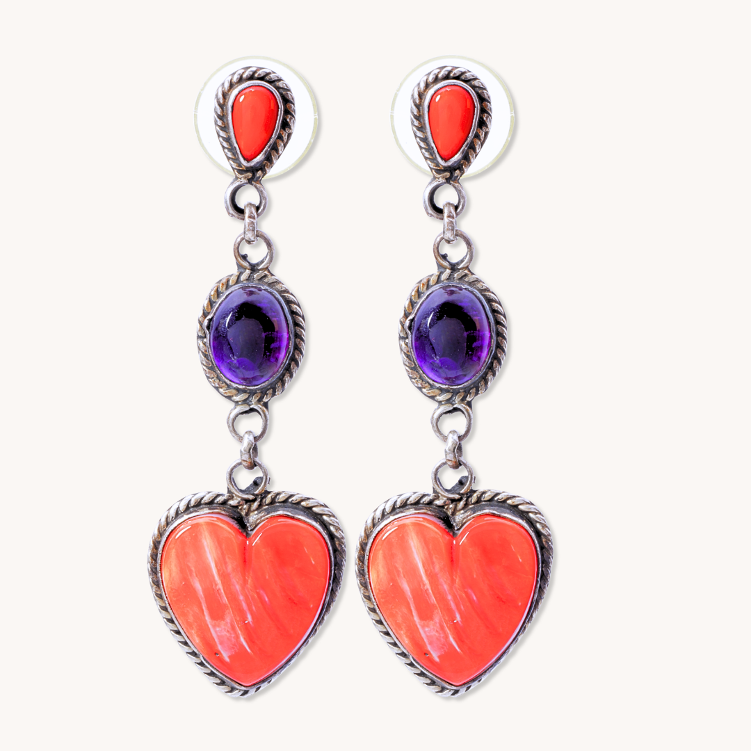 Red Spiny Oyster and Amethyst Drop Earrings