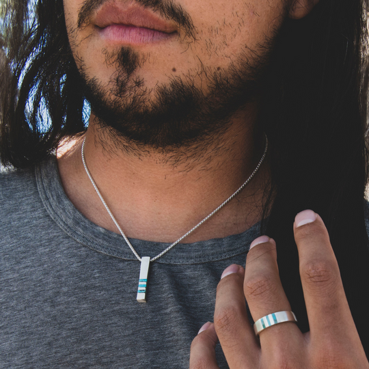 Men's Band Ring with Silver and Turquoise