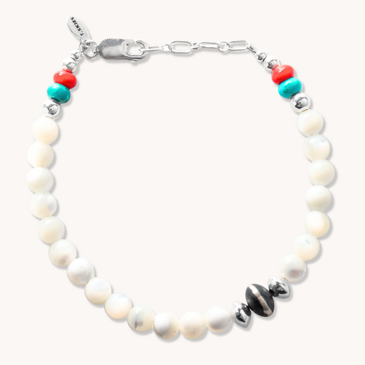 Bead Maiden: Men's Intention Bracelet made of sterling silver with white, red, and turquoise beads.