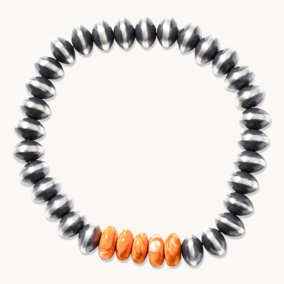 Bead Maiden: Spiny Oyster Stretch Bracelets made of sterling silver and spiny oyster beads, showcasing a vibrant design.
