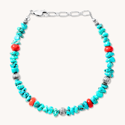 Bead Maiden: Desert Rain Turquoise and Coral Bracelet — hand-stamped sterling silver