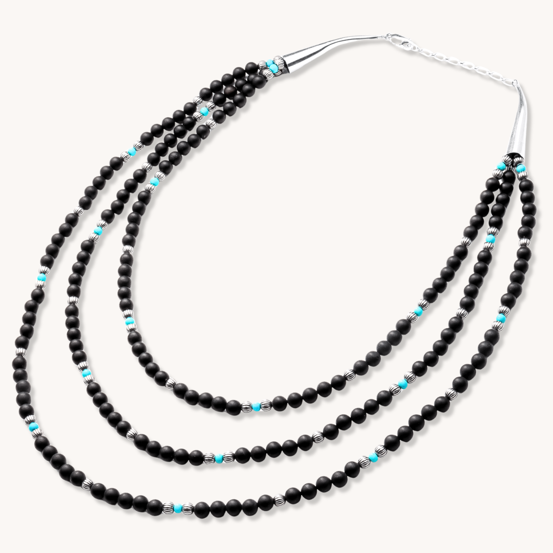 Bead Maiden: 3-Strand Onyx & Egyptian Turquoise Beads Necklace