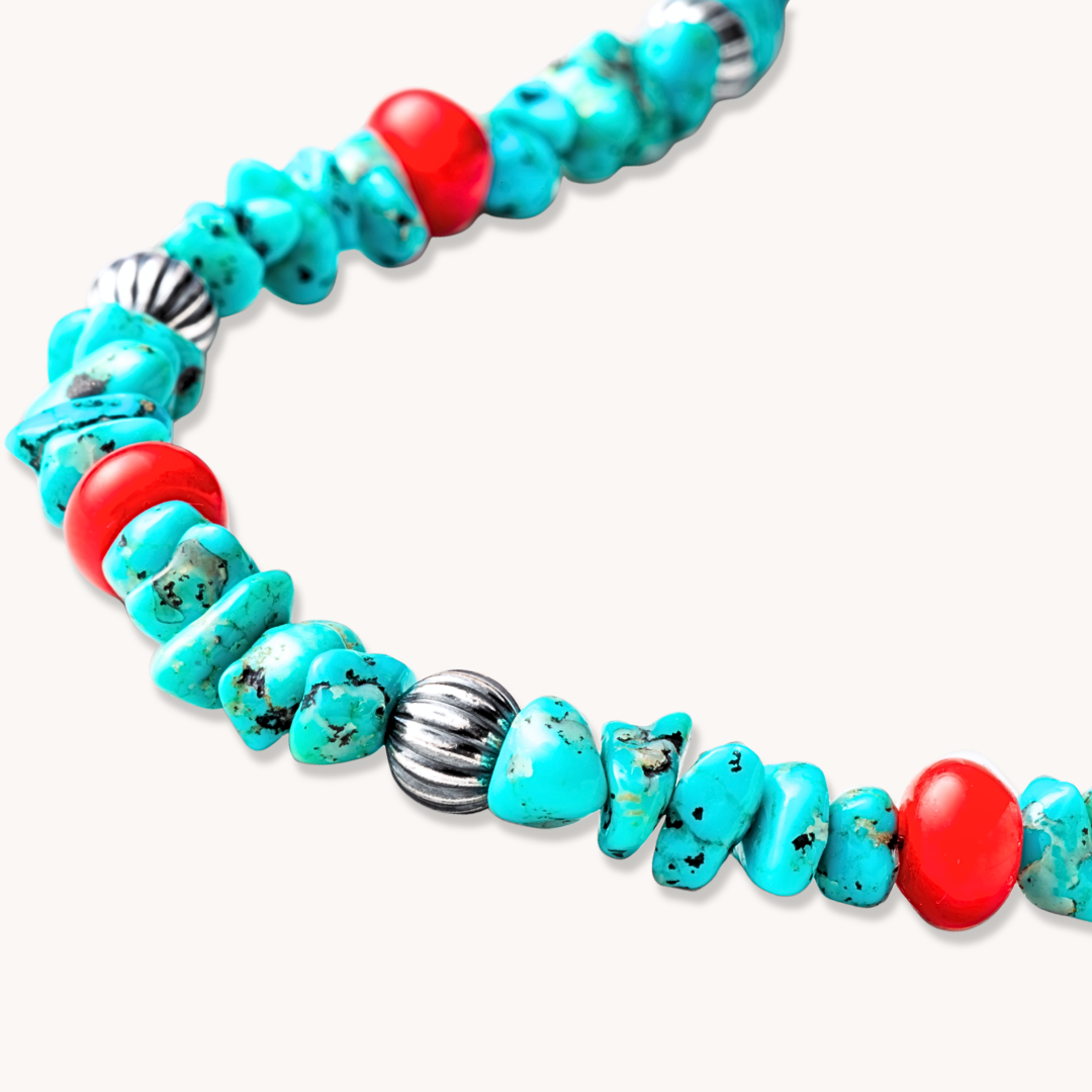 Bead Maiden: Desert Rain Turquoise and Coral Necklace made of turquoise, coral, and sterling silver, showcasing vibrant colors.