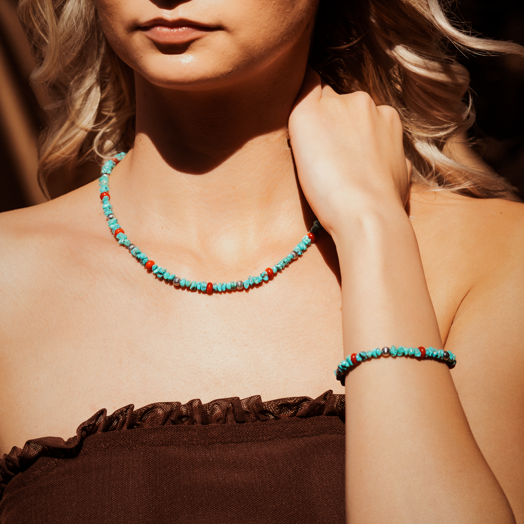 Bead Maiden: Desert Rain Turquoise and Coral Necklace, featuring turquoise and coral beads on a model.