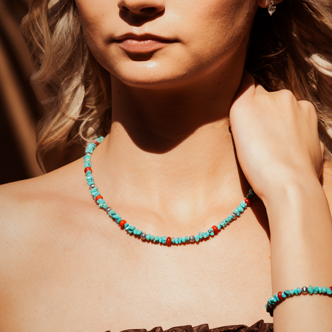 Bead Maiden: Desert Rain Turquoise and Coral Bracelet made of sterling silver, featuring turquoise and coral beads.