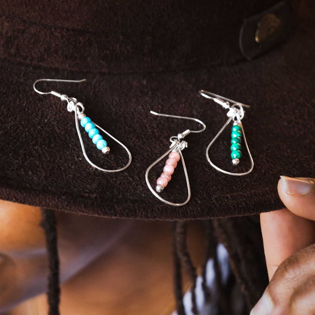 Bead Maiden: Wrapped Intention Earrings in sterling silver with turquoise, pink, and green beads.