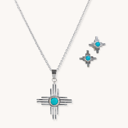 Enchantment: Turquoise Sun Necklace & Mini Zia Stud Earrings Set