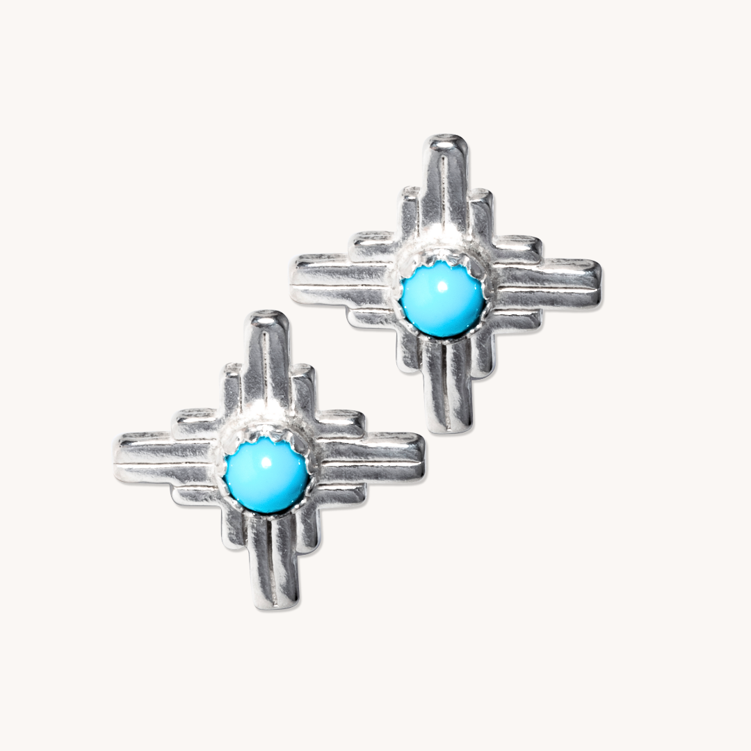 Enchantment: Sunrise Zia Stud Earring Trio, sterling silver with turquoise stones, showcasing Native American-inspired design.