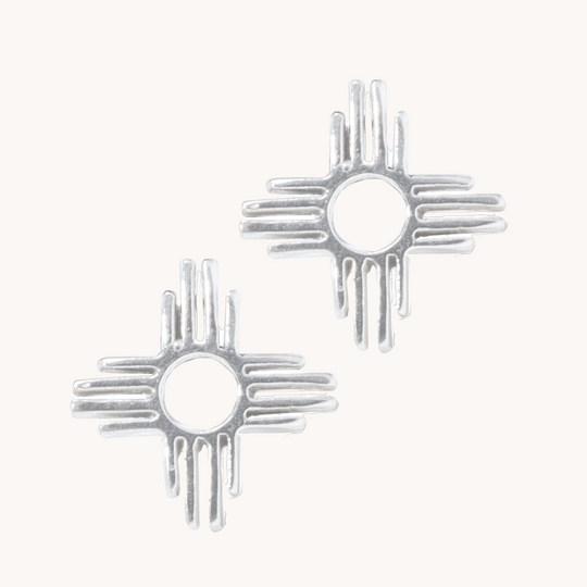 Enchantment: Sunrise Zia Stud Earring Trio in sterling silver, featuring a sun symbol design with intricate detailing.