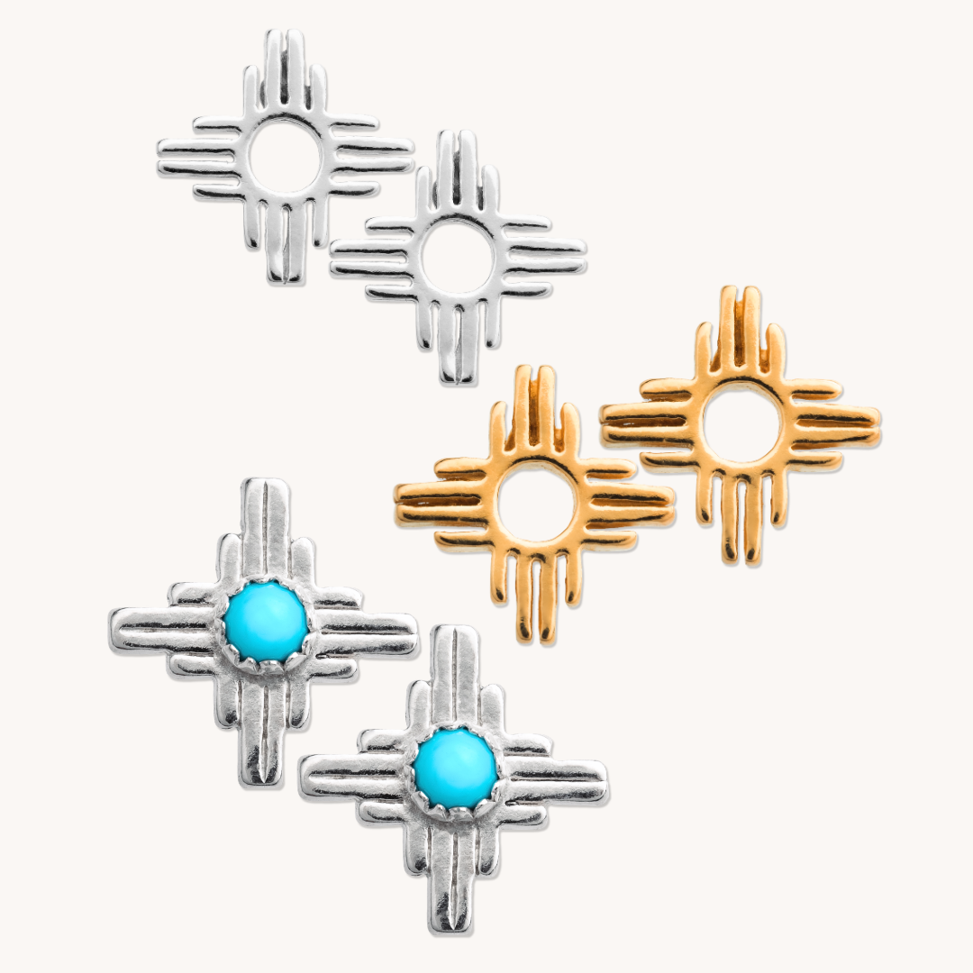 Enchantment: Sunrise Zia Stud Earring Trio, sterling silver with turquoise and gold accents, showcasing Native American design.