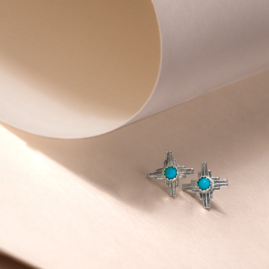 Enchantment: Sunrise Zia Stud Earring Trio, sterling silver with turquoise accents, inspired by Native American design.