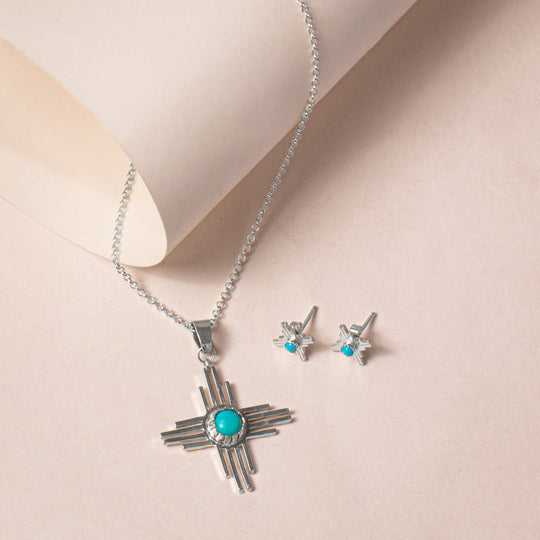 Enchantment: Turquoise Sun Necklace & Mini Zia Stud Earrings Set