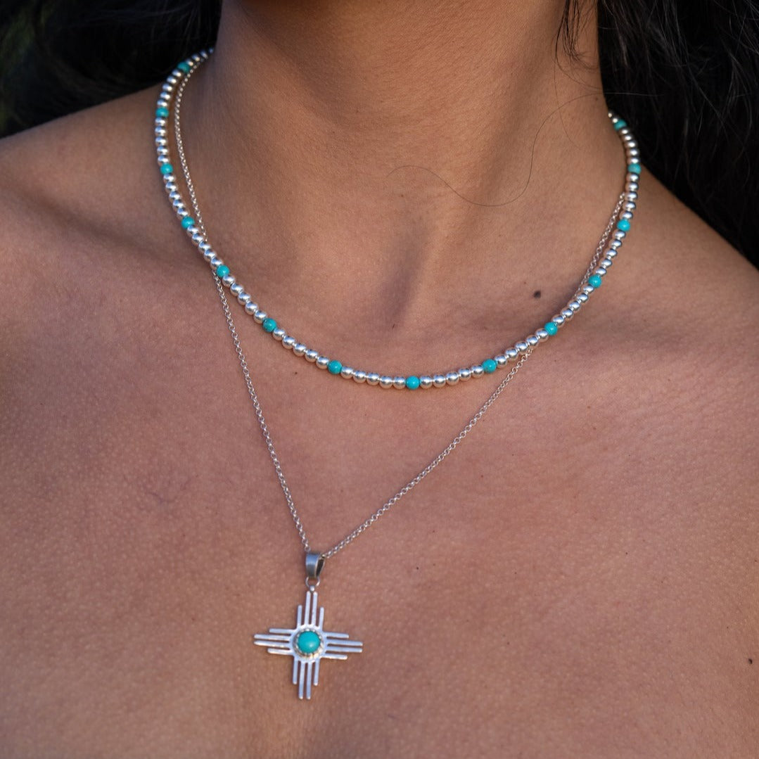 Turquoise and Silver Sun Zia Necklace