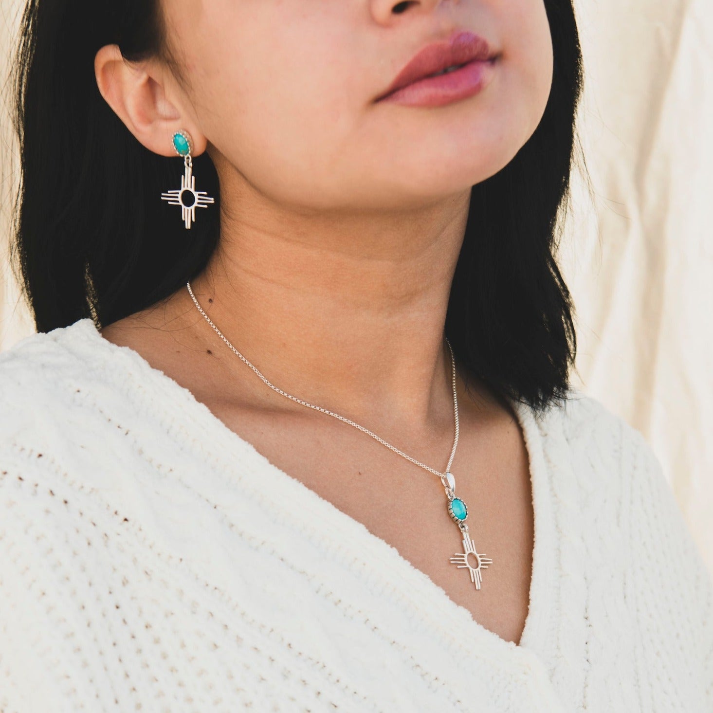 Turquoise Zia Necklace and Earrings in Sterling Silver by