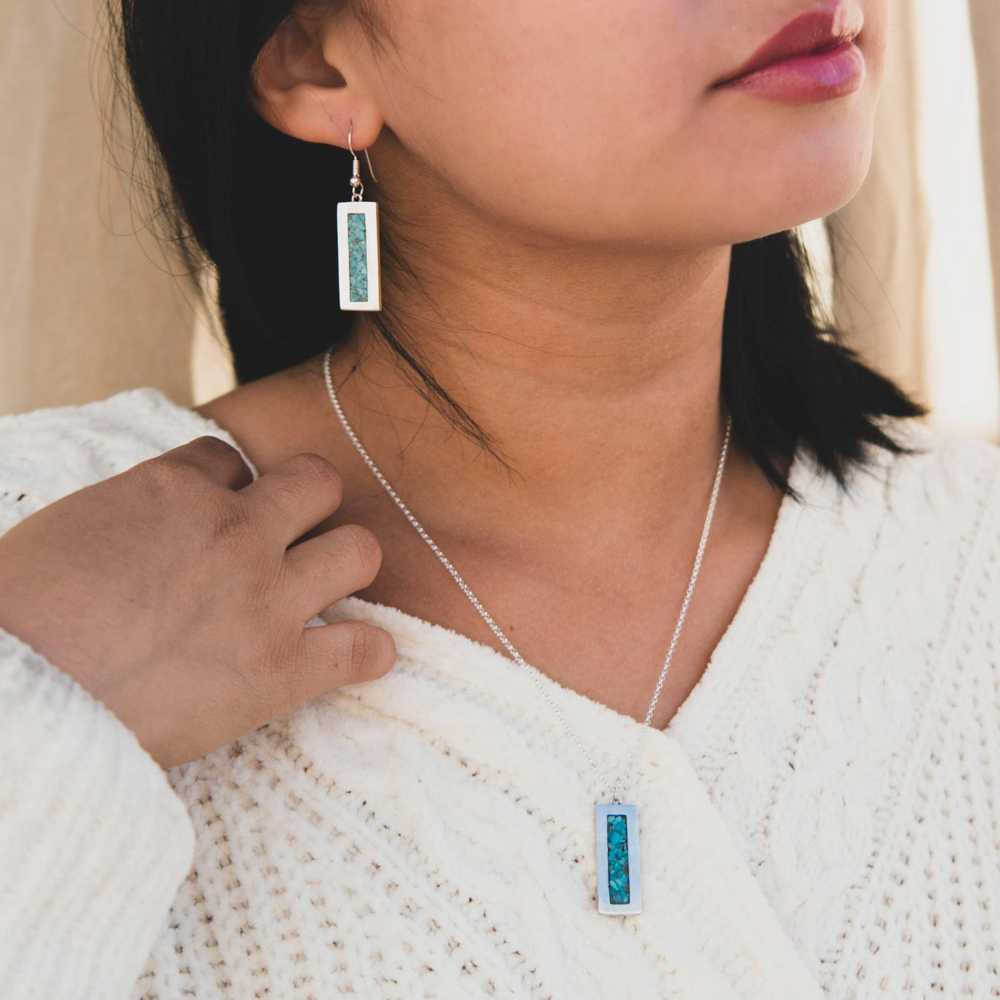 Vertical Bar Turquoise Inlay Earrings and Pendant Necklace Set