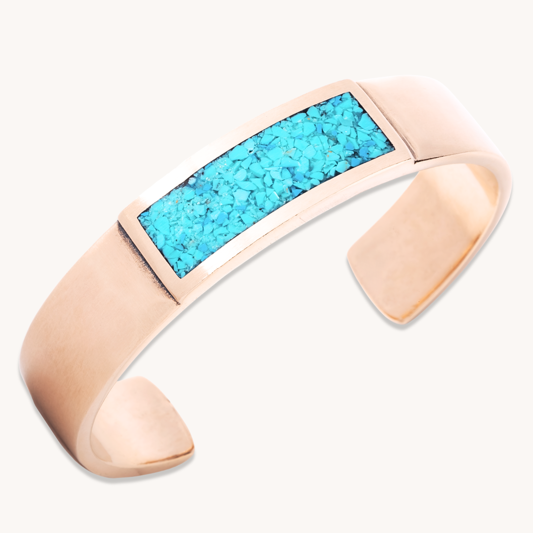 Radiante: Turquoise Ravine Bracelet, sterling silver with a vibrant turquoise inlay, showcasing Native American-inspired design.