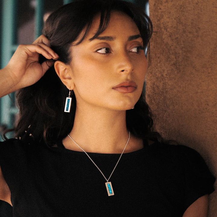 Modern Bar Inlay Turquoise Earrings and Pendant Necklace in Sterling Silver by TSkies Jewelry