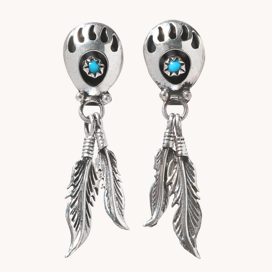 Bear Paw Drop Earrings with Feather Dangles