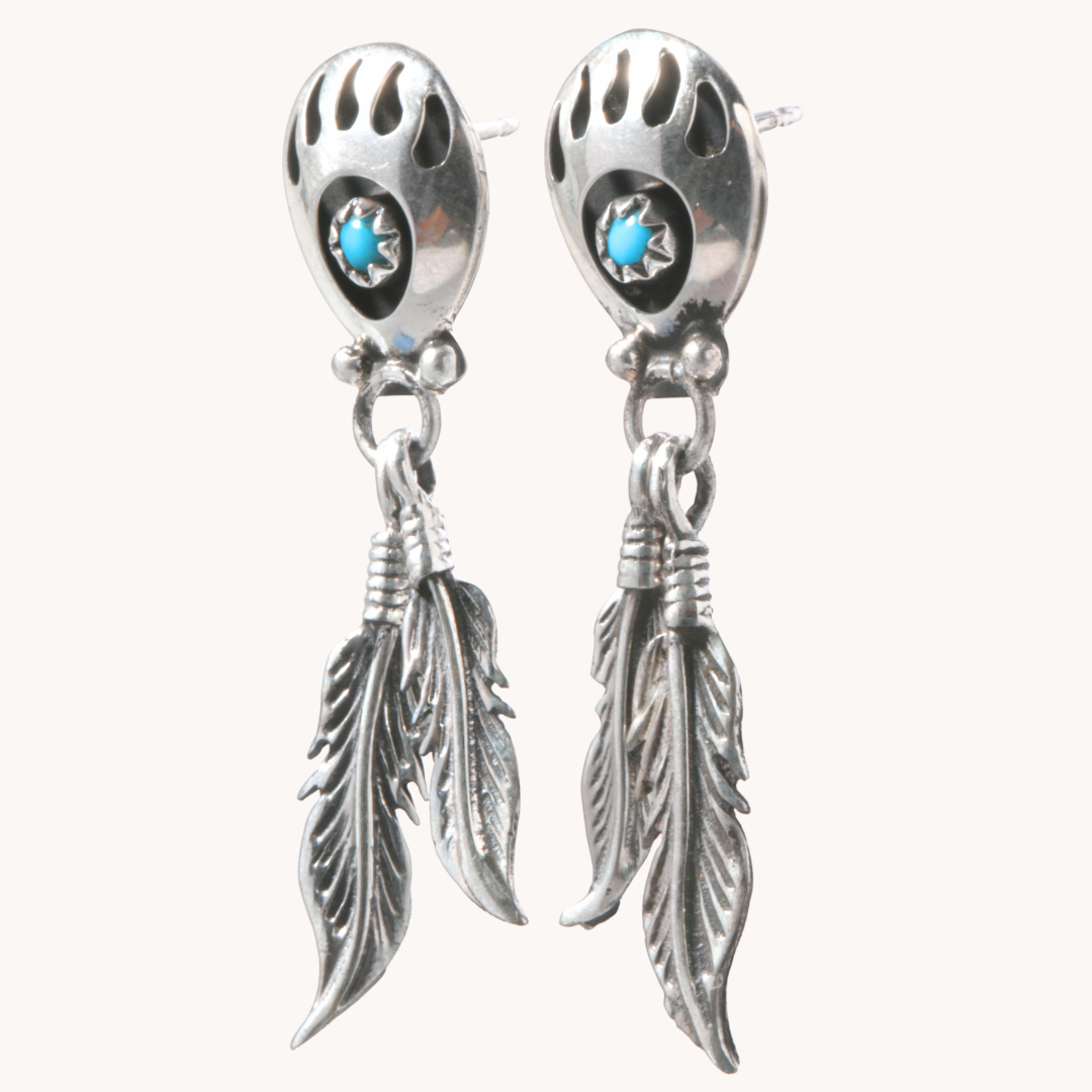 Bear Paw Drop Earrings with Feather Dangles