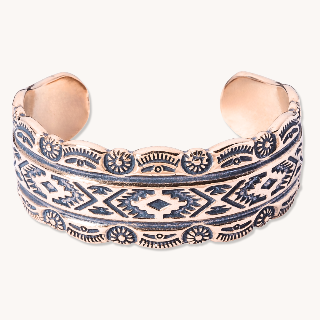 SkyWeaver: Tapestry Cuff Bracelet made of sterling silver featuring intricate Native American-inspired designs.