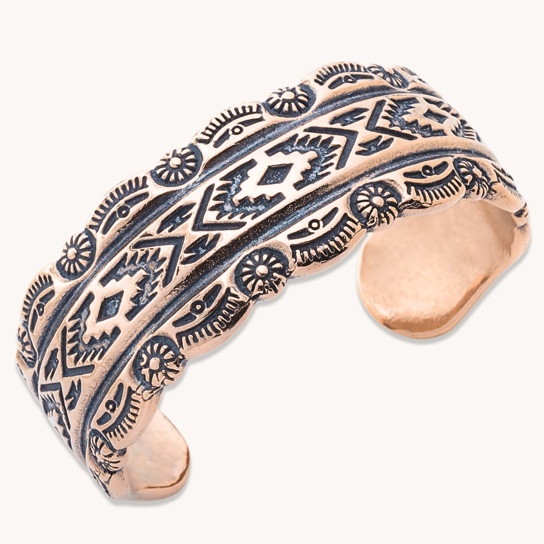 SkyWeaver: Tapestry Cuff Bracelet in sterling silver featuring intricate Native American-inspired designs.