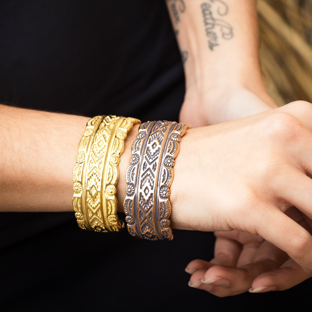 SkyWeaver: Tapestry Cuff Bracelet, sterling silver with intricate Native American-inspired designs.