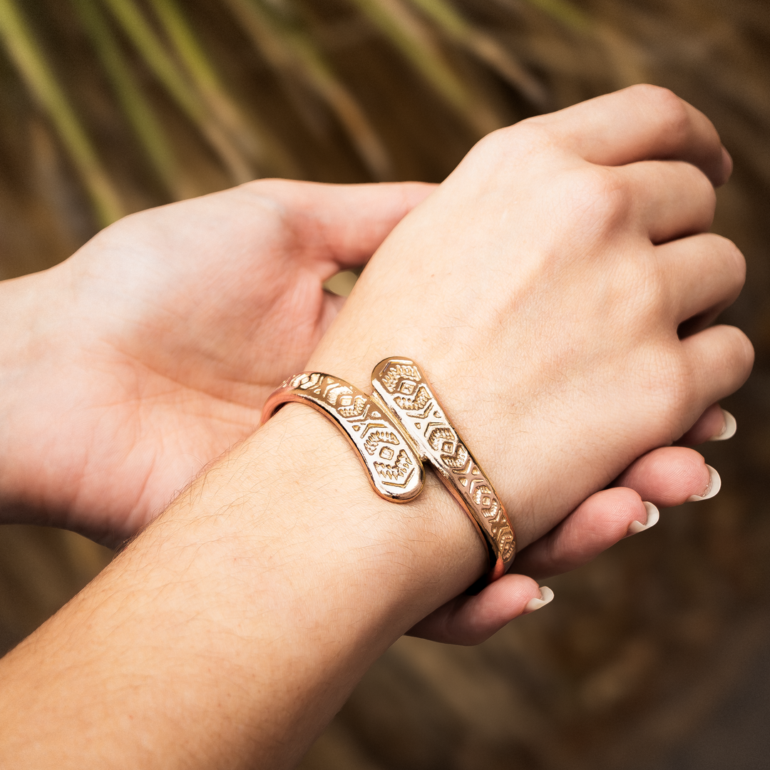 SkyWeaver: Twined Cuff Bracelet made of sterling silver, featuring intricate Native American-inspired designs worn on a wrist.